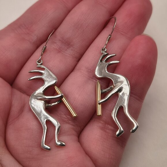 Vintage Sterling Silver Kokopelli Earrings With Gold-tone Flute - Picture 1 of 4